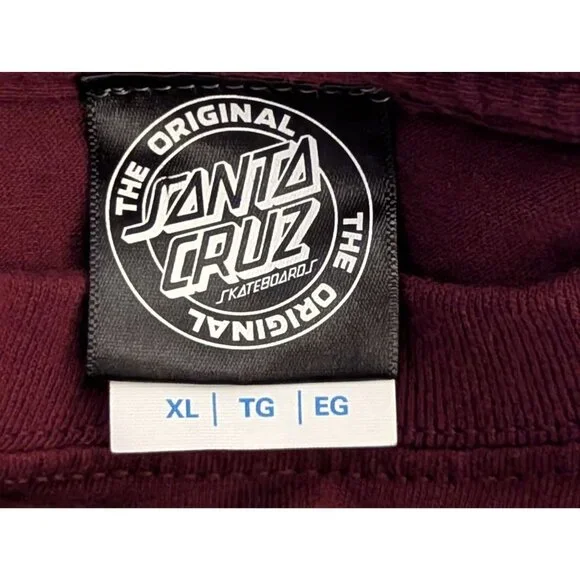 Santa Cruz Burgundy Short Sleeve T-Shirt XL 100% Cotton With Logo Front & Back - Picture 5 of 6